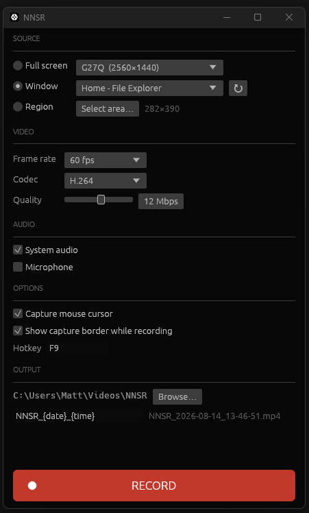 NNSR recording options window
