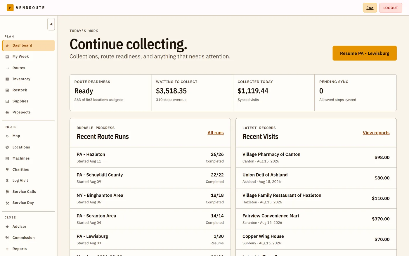 VendRoute dashboard: route readiness, amount waiting to collect, recent route runs