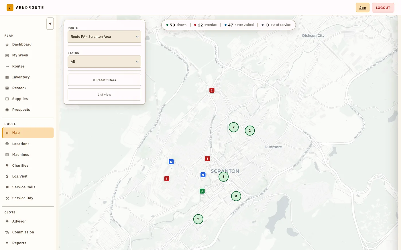 VendRoute location map with stops clustered by status